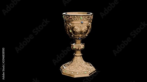 Holy Grail, golden cup adorned with stones, object slowly rotating