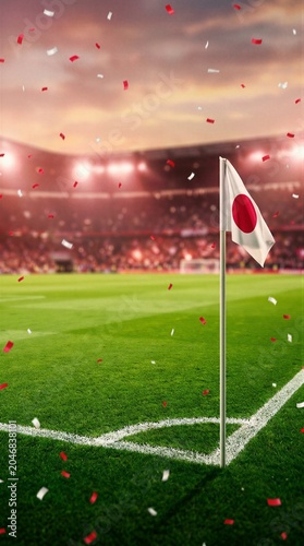 Japan national flag at corner of professional soccer stadium pitch