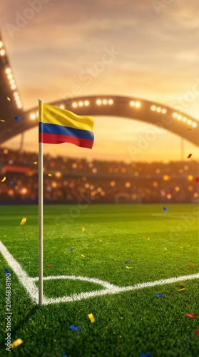 Colombia flag at soccer stadium corner during golden hour
