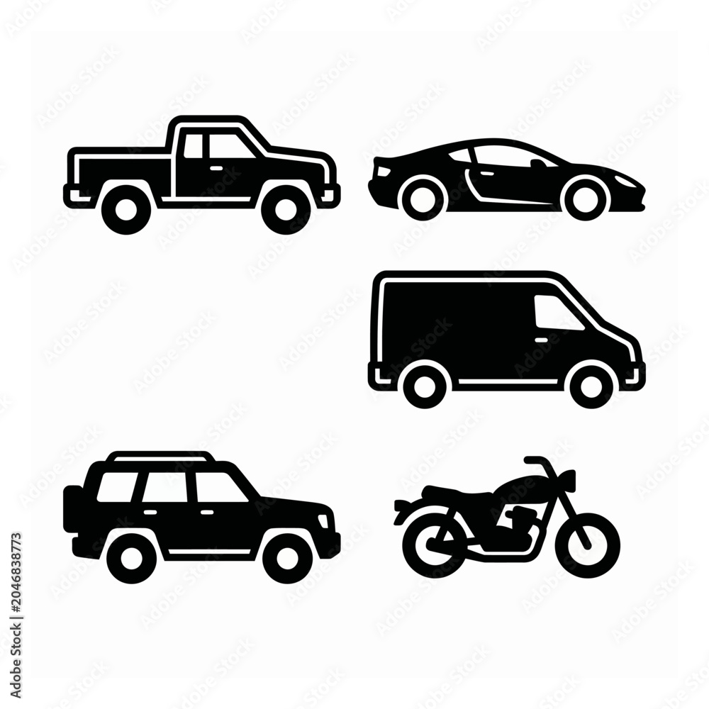 Fototapeta premium Black and White Vehicle Silhouette Vector Icon Set Including Pickup Truck Sports Car SUV Van and Motorcycle