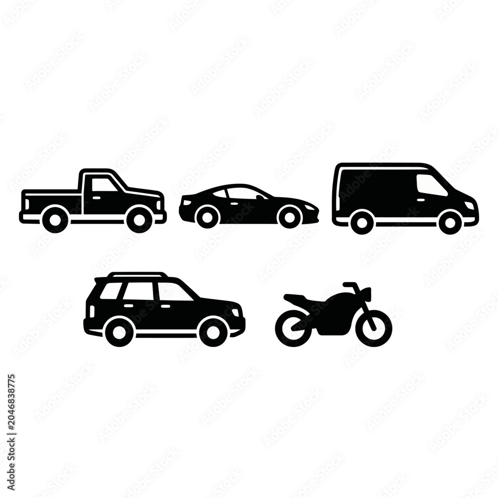 Naklejka premium Black and White Vehicle Silhouette Vector Icon Set Including Pickup Truck Sports Car SUV Van and Motorcycle