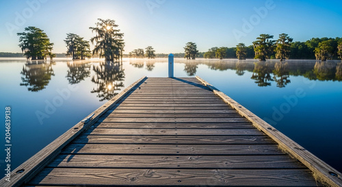 Wooden Pier Extending Into a Serene Lake at Sunrise with Misty Trees Reflected