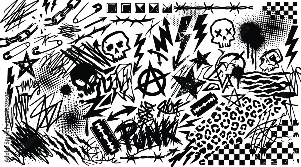 Naklejka premium A chaotic collection of black and white punk rock and grunge graphic elements, featuring skulls, anarchy symbols, lightning bolts, safety pins, barbed wire, and distressed textures.