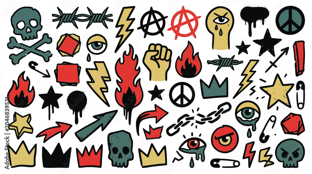 Fototapeta premium A vibrant collection of hand-drawn punk rock and grunge doodle symbols, featuring skulls, flames, lightning bolts, peace signs, and other rebellious icons.