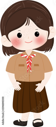 Cute Elementary School Girl Wearing Scout Uniform