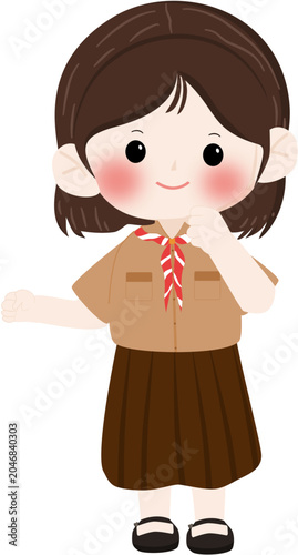 Cute Elementary School Girl Wearing Scout Uniform