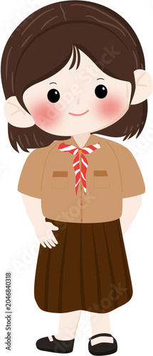 Cute Elementary School Girl Wearing Scout Uniform