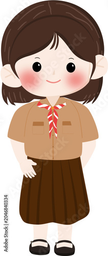 Cute Elementary School Girl Wearing Scout Uniform