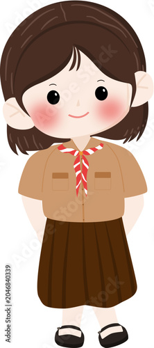 Cute Elementary School Girl Wearing Scout Uniform