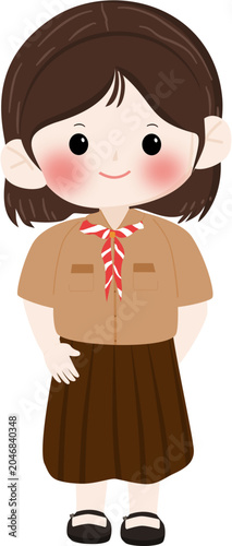 Cute Elementary School Girl Wearing Scout Uniform