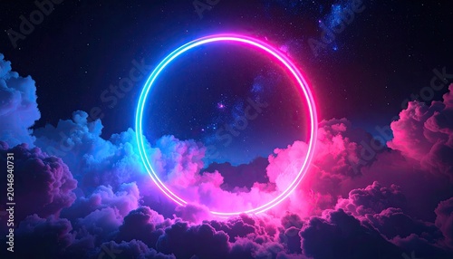 Neon Circle in a Vibrant Cloudscape with Starry Night Sky