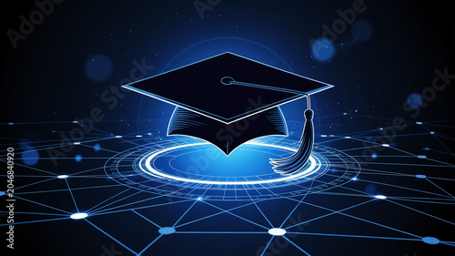 Graduation cap, academic achievement, education symbol, graduation concept, blue background