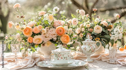 Elegant spring outdoor afternoon tea setup in soft sun-dappled woodland, French vintage style tablescape features lush pastel pink, peach, cream floral centerpiece, delicate printed porcelain teapots