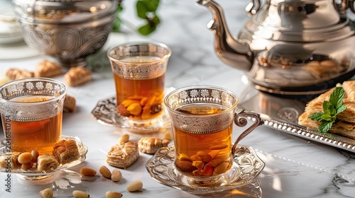 Elegant traditional Moroccan tea arrangement on light gray marble table: ornate carved glass cups with metal holders filled with amber spiced tea, paired with silver teapot, nut desserts, scattered