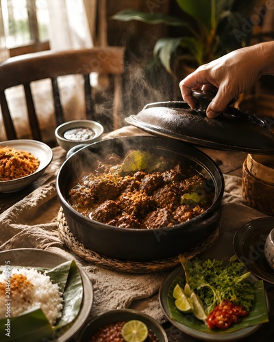 Hand lifting the lid of a steaming beef stew in a black clay pot, served with rice and garnishes on a rustic table in a warm, cozy dining room.