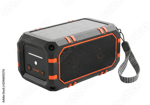 Rugged solar powered portable Bluetooth speaker with rugged design and orange accents isolated.