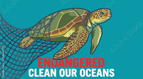 Tableau sur toile Endangered Sea Turtle Entangled in Discarded Fishing Net