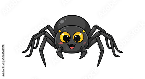 Cute black spider character with large yellow eyes and blushing cheeks looks forward with a friendly and happy face.