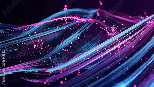 Futuristic abstract background, flowing digital network lines, energetic brushstroke effects, halftone dot overlays, glowing particles, cyber blue and neon purple gradients,