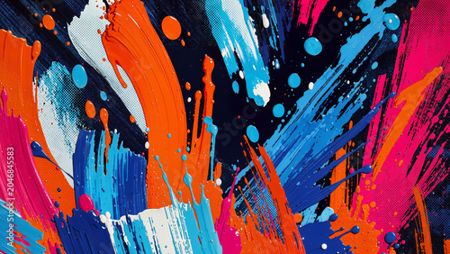 Abstract artistic background, dynamic brushstroke textures, bold paint splashes, halftone dot patterns, layered acrylic strokes, vibrant orange, blue, and magenta color palette