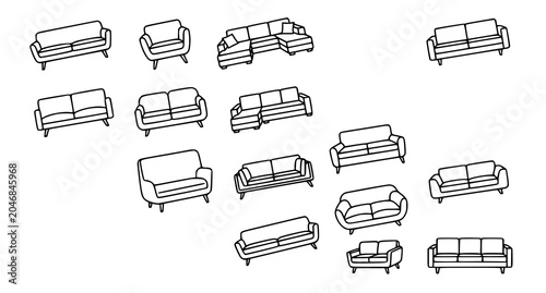 Quadro su tela Collection of modern sofa and couch line drawings for interior design and furnit