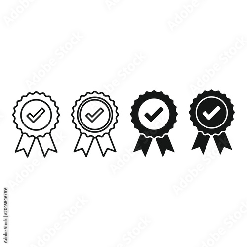 Four different check mark rosette award icons in various line styles and colors icon
