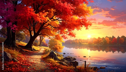 A vibrant sunset paints the sky and water with warm hues, reflected on the lake's surface near a path and trees