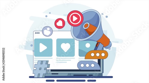 A laptop displays social media posts with a megaphone broadcasting online.