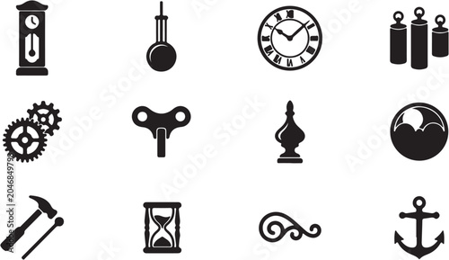 Canvas-taulu Set of various vintage clock parts and antique mechanical timekeeping icons in black silhouette