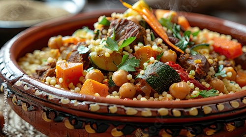Hearty homemade North African couscous stew served in handcrafted ethnic-patterned ceramic bowl, tender slow-cooked meat, chickpeas, carrots, zucchini topped with fresh cilantro and citrus zest, warm