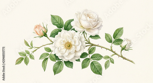 Soft-toned garden rose illustration with detailed petals and foliage, creating a timeless and sophisticated look.