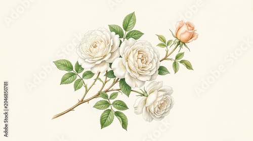 Soft-toned garden rose illustration with detailed petals and foliage, creating a timeless and sophisticated look.