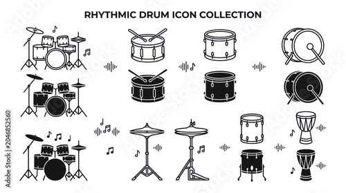 Photos Drum Set Icons Collection, Musical Instruments, Rhythm and Beat
