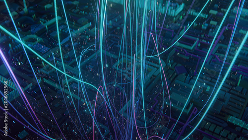 Abstract Digital Network Flow, endless streams of digital information traveling through a futuristic AI network, glowing lines and particles, cyber communication system