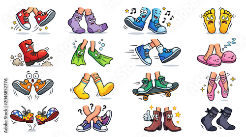 Obraz na płótnie Funny cartoon feet in shoes, socks and slippers, vector illustrations