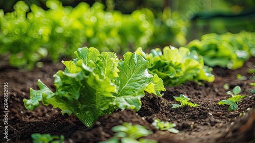 Vibrant organic lettuce thriving in neatly tilled brown soil rows at sunlit outdoor vegetable garden, lush crinkled bright green leaves in sharp foreground with shallow depth of field, blurred green