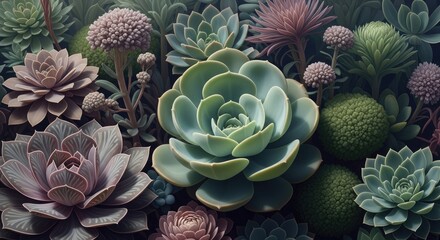 Succulents in various shades of green and purple plants flowers