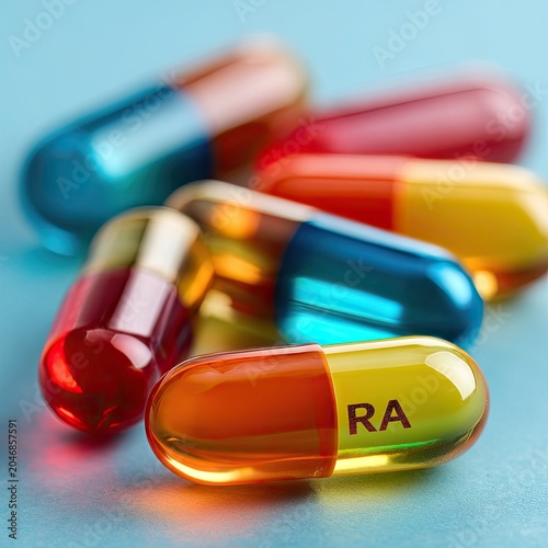 Professional pharmaceutical still life: sharp focused orange-yellow RAmarked capsule on foreground, assorted colorful medical capsules blurred on soft muted light blue bokeh background. Bright soft