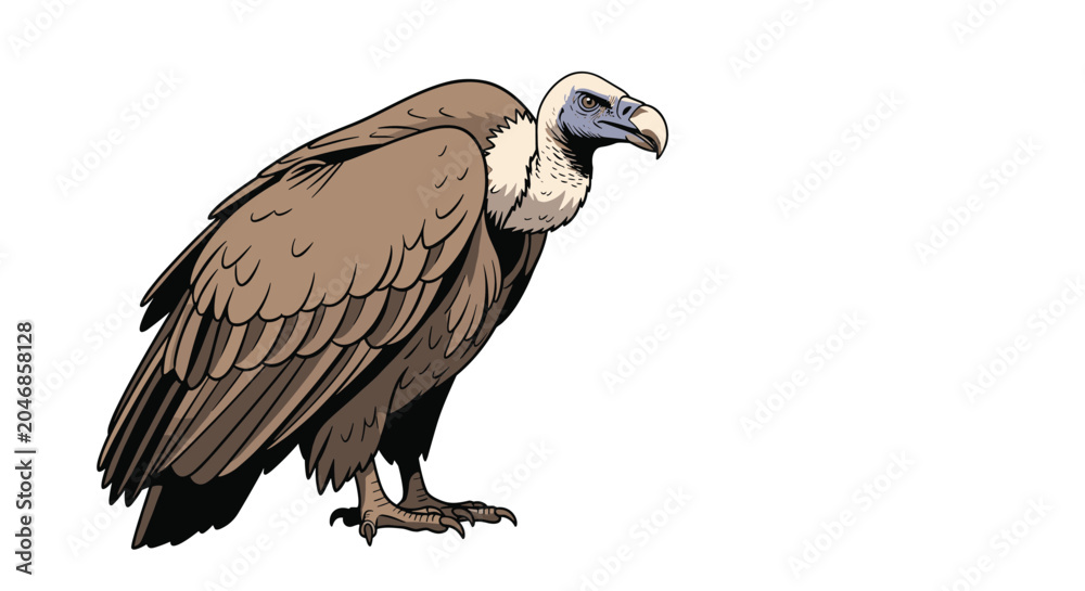 Obraz premium Detailed illustration of a large brown vulture with a white ruff around its neck standing sideways against a white background.