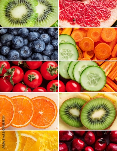 Colorful collage of mixed fruit and vegetable slices, fresh healthy food concept with vibrant natural textures