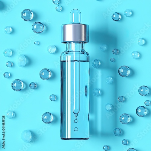Minimalist skincare product showcase D render: transparent glass serum dropper bottle with hyaluronic acid essence stands vertically on soft light cyan-blue background, scattered with size-varying