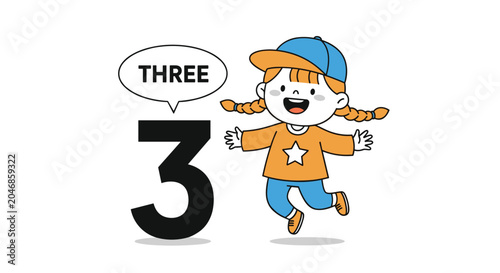 Excited young girl with braids and a baseball cap jumping with joy next to a large black number three and a speech bubble.