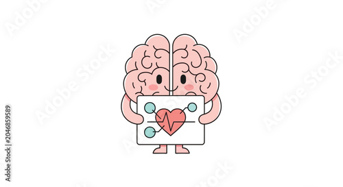 Pink brain character holding pill blister pack on transparent background