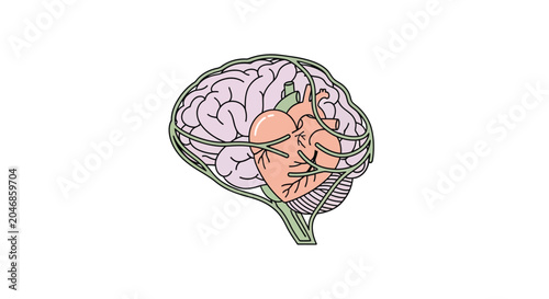Pink brain illustration with green veins on transparent background
