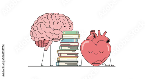 Pink brain on top of stack of colorful books