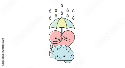 Pink character with umbrella and raindrops on transparent background