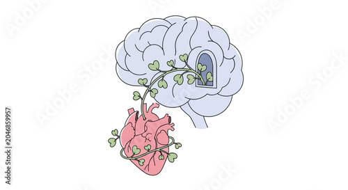 Pink heart and blue brain with green sprouts on transparent background