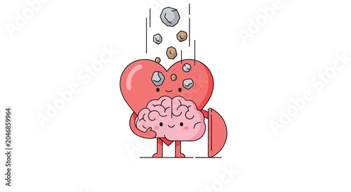 Pink heart and brain cartoon with transparent background