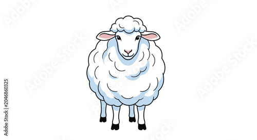 Simple and clean front view illustration of a fluffy white domestic sheep with soft wool and pink ears standing on a white background.