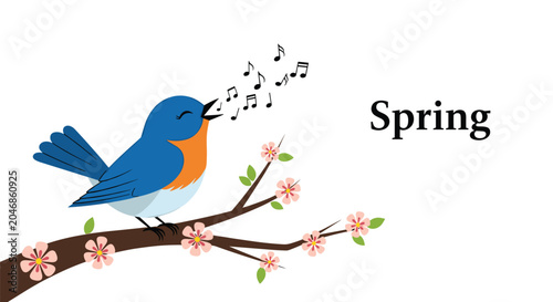 Lovely blue bird with an orange chest perched on a flowering cherry blossom branch singing musical notes under the word Spring.